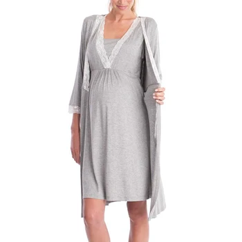 

2PCS Robe Set New Pregnancy Lace Sleep Dress Maternity Nightdress Women Nursing Sleepwear Nightgown Homewear Shirt Dress
