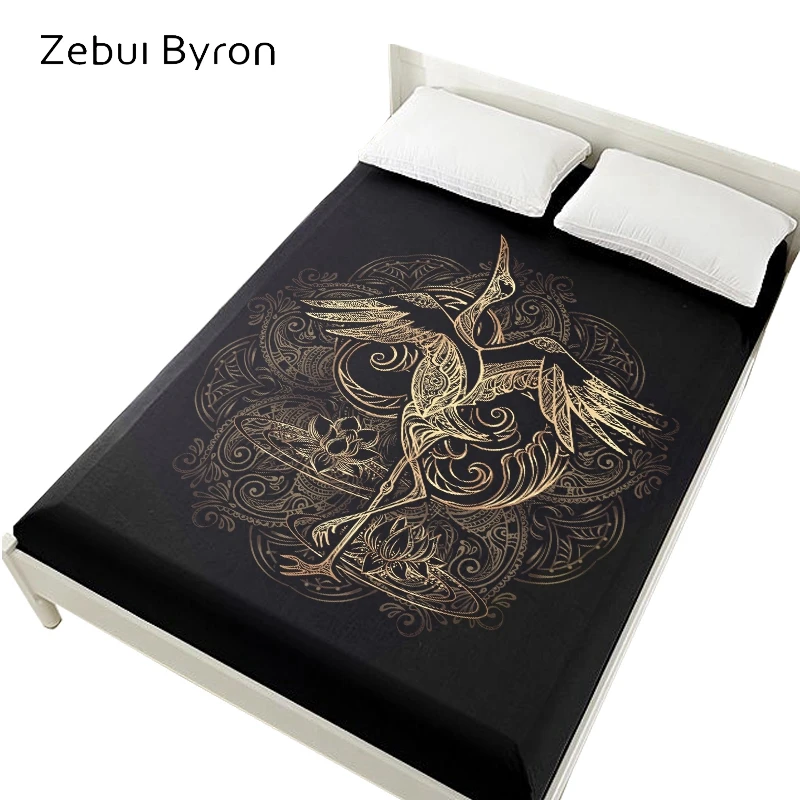 

3D Bed Sheets On Elastic Band Bed,Fitted Sheet 160x200,Mattress Cover for bed.Bedsheet Bedding,Bed Linen black gold crane