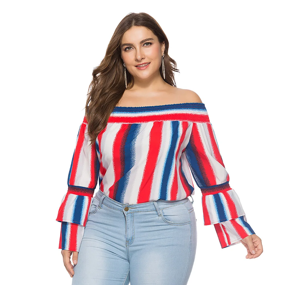 

Camiseta Feminina Camisas Mujer New Large Collar Striped Plus Size Loose Long-sleeved Slash-neck Button Summer Shirts For Women