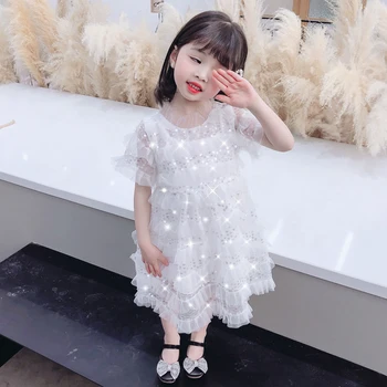 

New Bling Girls Princess Dresses Fashion Summer Solid Children's Clothing 1-9 years old Knee-Length Brief Kids Baby Dress