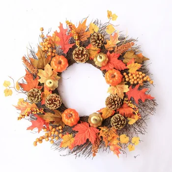 

Halloween Maple Leaf Rattan Garland Autumn Color Pumpkin Berry Rattan Ring Autumn Wheat Wall Decoration Garland On The Door