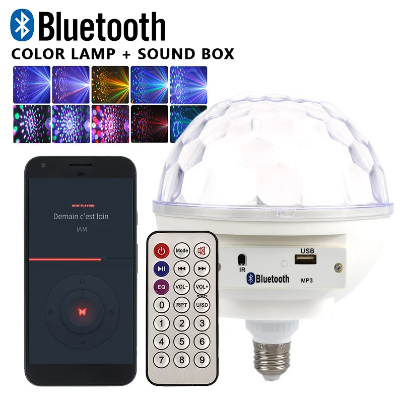 MP3 громкоговоритель Bluetooth 4,0 светодиодный музыкальный лампочка светодиодный светильник для сцены хрустальный магический шар светильник лазерный проектор KTV красочный E27