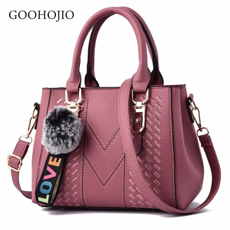 

GOOHOJIO 2019 New Embroidery Messenger Bags Women Leather Handbags Bags for Women Sac A Main Ladies Hair Ball Hand Bag