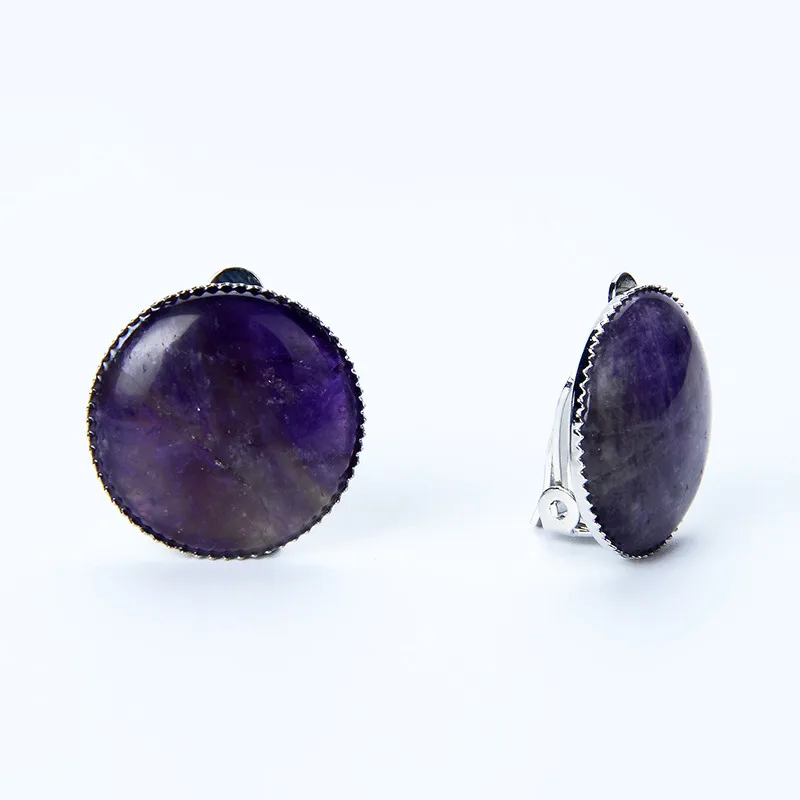 Amethysts Женские клипсы для девушек, летние ювелирные изделия, круглые натуральные камни, кристаллы, Клипсы из бисера, серьги без проколов - Окраска металла: Amethysts