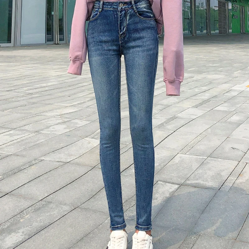 2021 Women Stretch High Waist Oversized Skinny Jeans Lady Students Plus Size Streetwear Black Pants Tight Autumn Slim Trousers | Женская