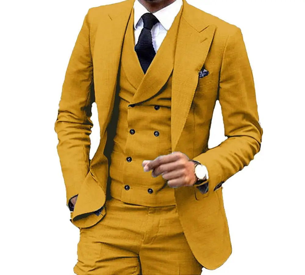yellow Мужской двубортный костюм с жилетом, павлин, синий, свадебный смокинг для жениха, мужские костюмы на выпускной, лучшая мужская одежда, Блейзер, костюмы из 3 предметов - Цвет: yellow