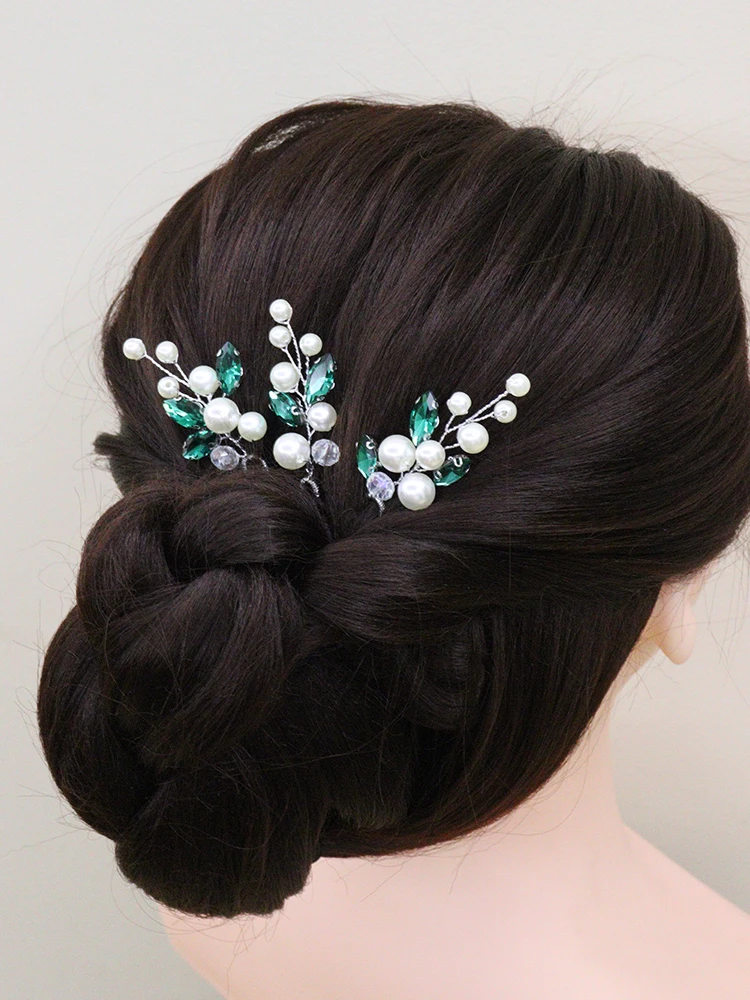 Bohe Blue Green Rhinestone Hair Pins 3PCS Women Headpieces Birde Headdress for Hair Clips Pearls Bridal Wedding Accessories