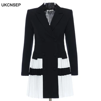 

Vintage Patchwork OL Style Blazer Dress Draped Empire Notched Women Dress Female 2020 Clothes