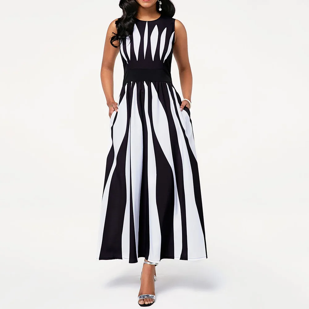Skup Plus rozmiar czarny i biały color block Maxi sukienka kobiety tunika bez rękawów elegancki biurowa, damska lato długa sukienka damska odzież robocza