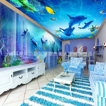 

3D Dreamy Blue Submarine Dolphin Bay World Theme Pavilion Space Wall Wallpaper Hotel Mural