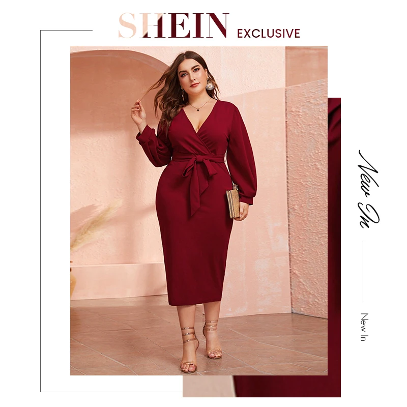 SHEIN плюс размер бургундское платье-карандаш с поясом, длинное платье, женское осеннее платье с высокой талией, с разрезом, вечерние платья