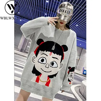 

Autumn Winter O-Neck knitting Sweaters Women Cartoon Print Long Sleeve loose Streetwear Pullovers Female Oversized long Sweaters