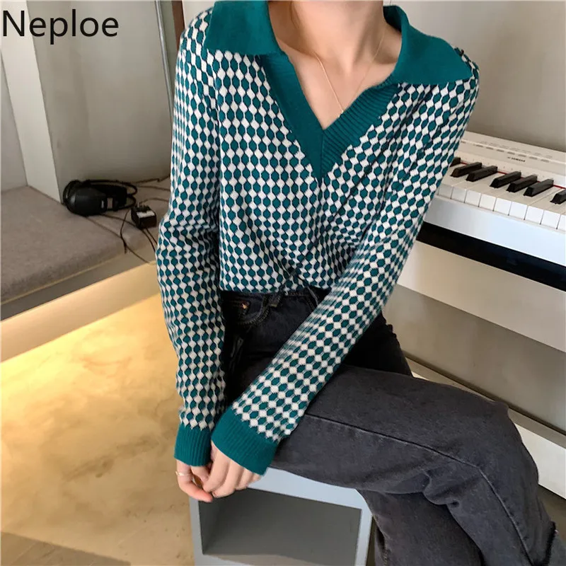 Neploe, v-образный вырез, контрастный цвет, нашивка в горошек, дизайн, Pull Femme, отложной воротник, контрастный цвет, длинный рукав, вязаный свитер, теплый, Sueter