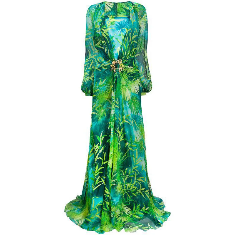 Long Green Printed Deep V-neck Dress Jewelry Buckle Banquet Dress Summer Impreso Saten Floral Formal Bridal Party Beach