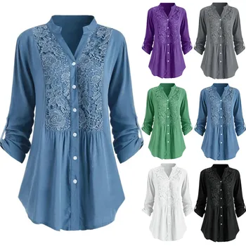 

Lace Solid Autumn Shirt Women Ladies Large Plus Size Button Long V Neck Long Sleeve Shirt Blous blusas mujer de moda 2019