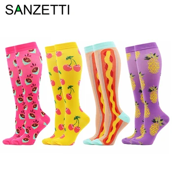 

SANZETTI 4 Pairs/Lot Women Casual Pattern Combed Cotton Compression Socks Below Knee Anti-Fatigue Long Colorful Fruit Socks