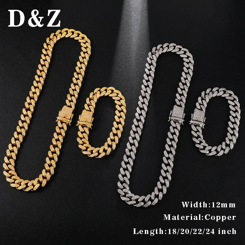 

D&Z 12mm AAA+ Cubic Zircon Miami Cuban Link Chain Necklace For Men 1 Set Hip Hop Iced Out Rapper Jewelry