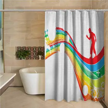 

Vintage Rainbow Waterproof and colorful shower curtain Abstract Wave with Men Silhouettes Circles Stripes Dots Futuristic Style