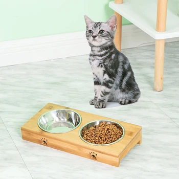 

Ceramic Bowl Wooden Table Pet Dog Cat Bamboo Wood Table in a Kitten Double Bowl Non-slip Small Dog Food Bowl YU-Home