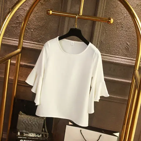 Women Blouse Spring and Summer Korean Fashion Round Neck Loose Joker Chiffon Shirt Top Women Ruffle Sleeve Baby Shirt Summer