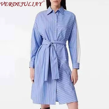 

VERDEJULIAY European Office Lady Straight Dresses Sashes 2020 Spring French Style High Street Oversize Design Striped Midi Dress