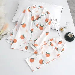Japanese Spring and Autumn New Ladies Pajamas Suit Cotton Cute Orange Long-sleeved Trousers Home Service Suit Women Pajama Set