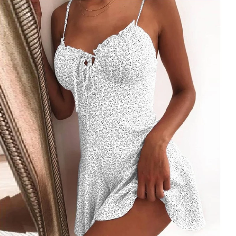 Summer Tie Front V Neck Elegant Sexy Floral Print Mini Dress Women Off Shoulder Ruffle Party Dress Femme Backless A-Line Dresses