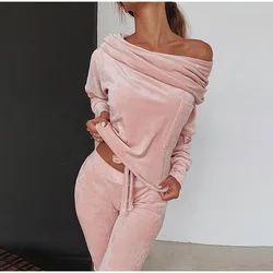 Conjunto de dos piezas de terciopelo con cordones para mujer, sudadera con un hombro, chándal femenino, ropa deportiva, trajes de salón para mujer 2020