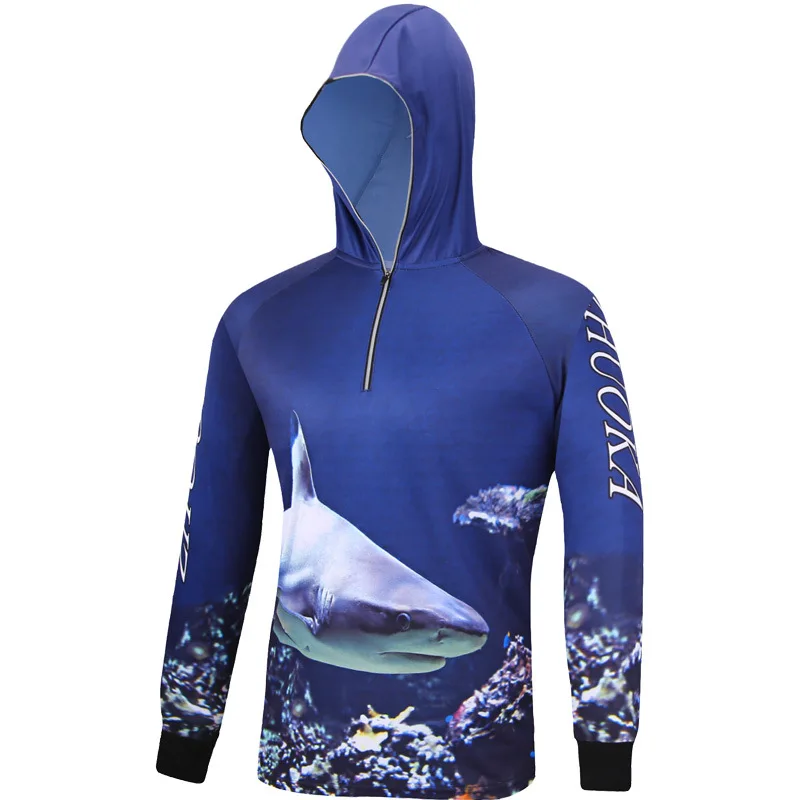 Summer Professional Men's Hooded Fishing Jersey UV Protection Blue