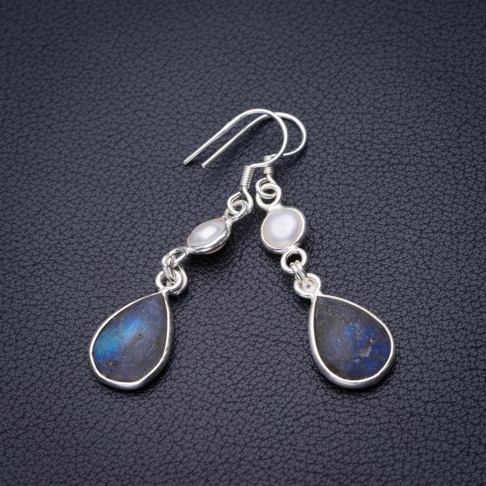 StarGems Natural Blue Fire Labradorite And River Pearl Handmade 925 Sterling Silver Earrings 1.75&quot D6586 | Украшения и
