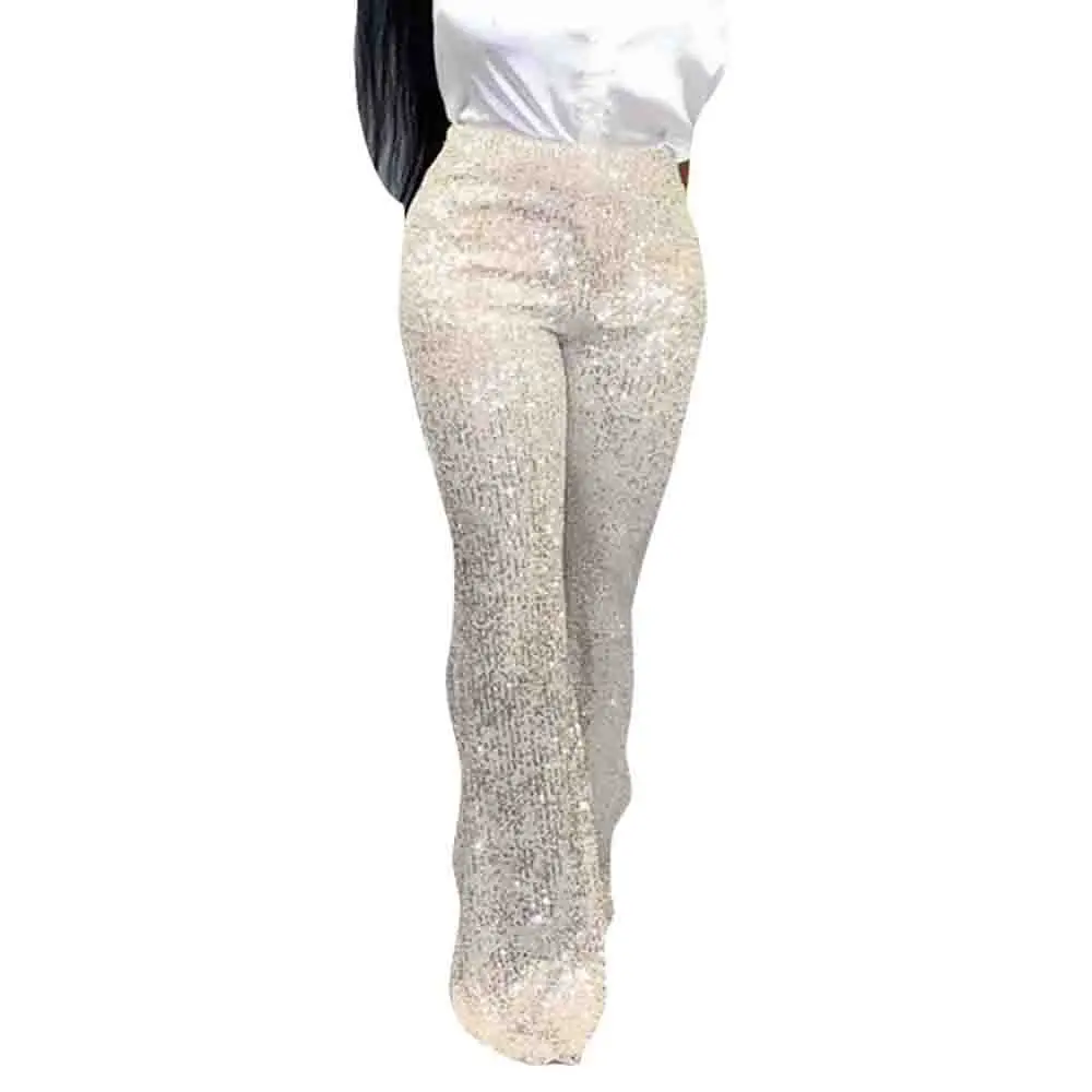 Squins длинные штаны Для женщин Высокая талия Элегантный черный, белый цвет в африканском стиле широкие брючины брюки вечерние Клубные блестящие Buttoms Femme