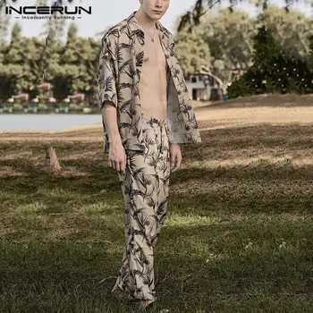 

INCERUN Men Pajamas Sets Printing Leisure Short Sleeve Tops Homewear Loose Pants Fashion Nightgown Men Sleepwear Suit Plus Size