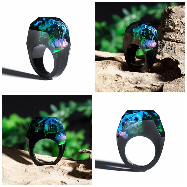 Fashion Wood Resin Ring Female Forest Handmade Rainbow Star Secret Sky Micro Landscape Wooden Ring High Quality Jewelry