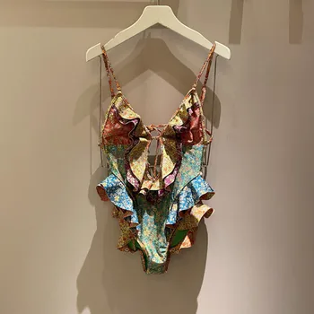 

Women Sexy Swimsuit 2020 New Spring And Summer Ruffles Trim Lace-up Beach Bodysuits For Holiday