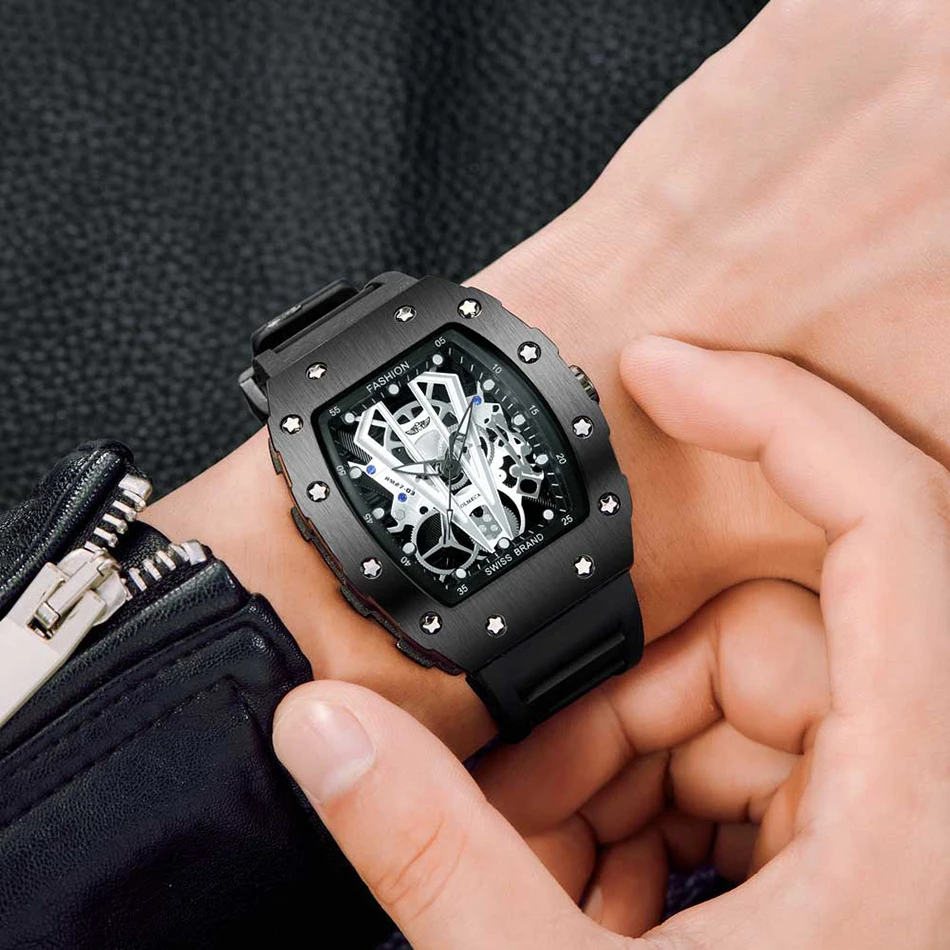 Мужские s часы лучший бренд класса люкс квадратные кварцевые часы силиконовые часы на ремешке Роскошные мужские часы Скелет Мужские часы бренд класса люкс