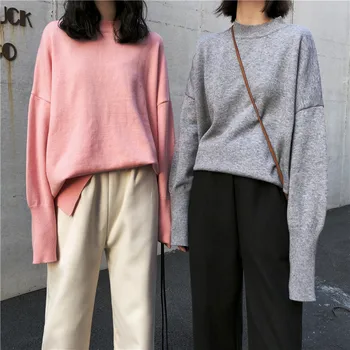 

Autumn and winter fashion simple sweater relaxed Slouchy split round neck sweater Elegant atmosphere ins style women
