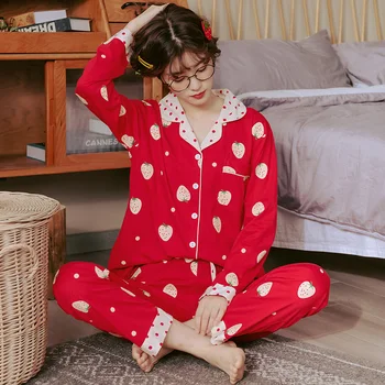 

Women's Cotton Pajamas Stitching Strawberry Nightgown Polka Dot Sleepwear For Ladies In Autumn Fashion Pyjamas Nightwear Female