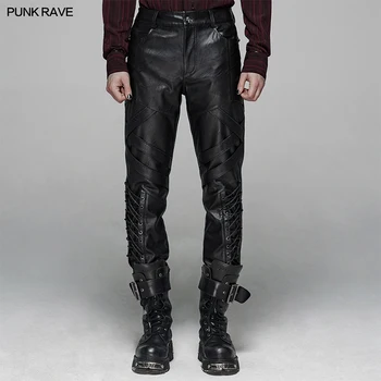 

PUNK RAVE Men's Punk PU Leather Long Pants Fashion Gothic Punk Rock Club Fashion Men Trousers Motocycle Long Trousers