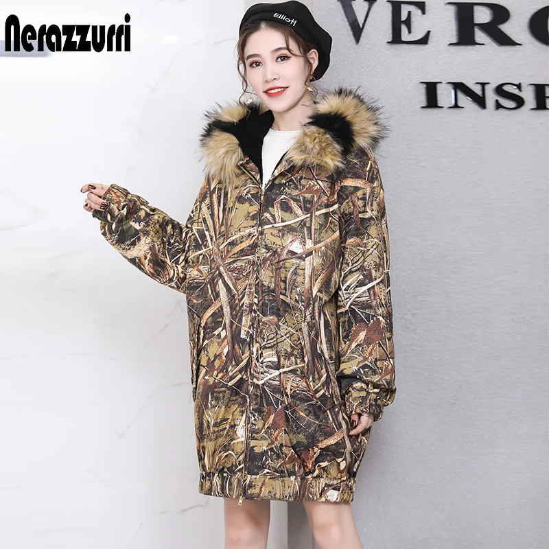 

Nerazzurri winter faux fur parka for women with hood long sleeve detachable rex rabbit fur liner parkas fur lined parka jacket