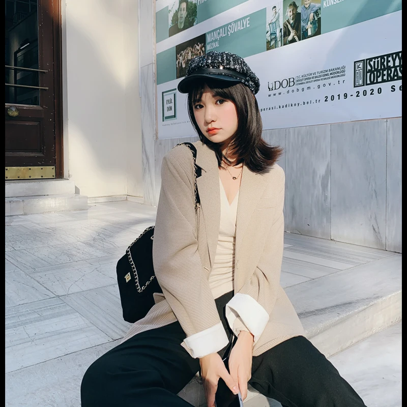 MISHOW осень OL стиль свободный нагрудный костюм пальто женское с длинным рукавом однобортный Повседневный пиджак Топы MX19C6172 - Цвет: hkaki