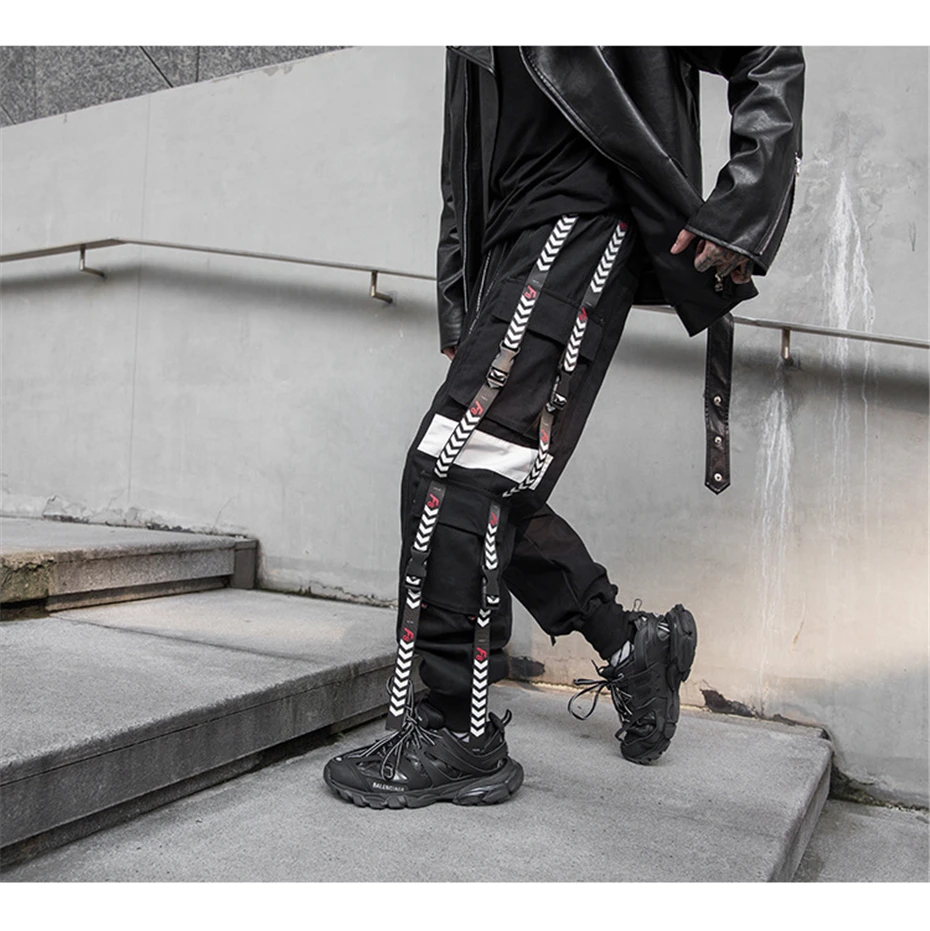Ленты дизайн карго шаровары мужские повседневные Jogger уличная хип хоп брюки мужские Эластичный Талия черный джоггеры WG545