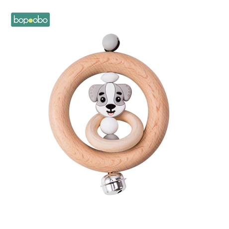 Dog Bopoobo детская погремушка из бука, деревянные Прорезыватели для зубов Прорезыватель для зубов из пищевого силикона, деревянный мини-детский хлопковый слюнявчик, набор для кормления, Товары для малышей - Цвет: Dog