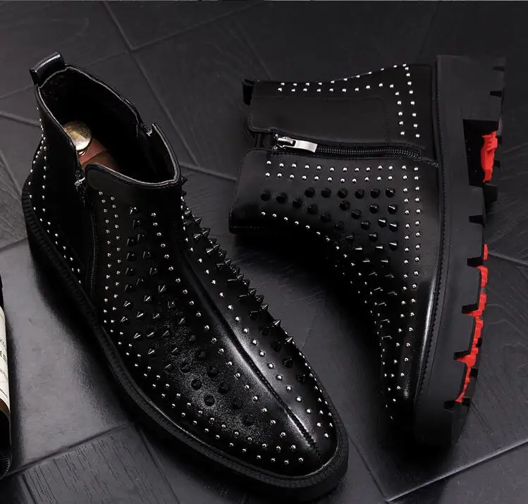 Модные мужские кожаные ботинки на молнии с заклепками и шипами; роскошные мужские повседневные ботинки в стиле панк; Ботинки martin на плоской подошве с заклепками - Цвет: Черный
