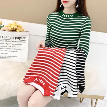 

2019 Autumn And Winter New Women Round Collar Striped Sweater All-match Long sleeved Shirt Slim Female Pullover Sweaters