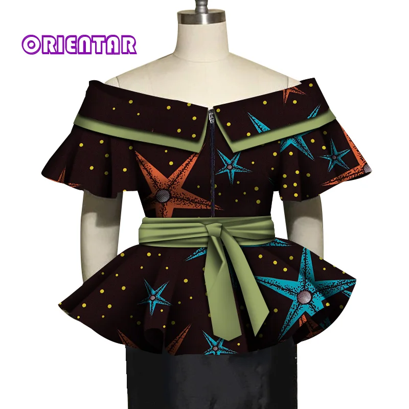 Элегантные африканские Топы для женщин Bazin Riche Африка плиссированные рукава с вырезом лодочкой хлопковая рубашка на молнии Женская африканская одежда WY5021 - Цвет: 10