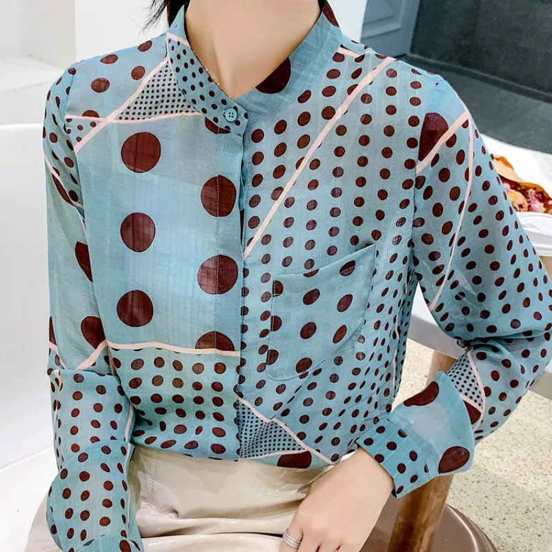 

Fall Winter 2019 Women Shirts Stand Collar Long Sleeve Polka Dot Chiffon Blouse Plus Size Elegant Autumn Tops Chemise Blusa