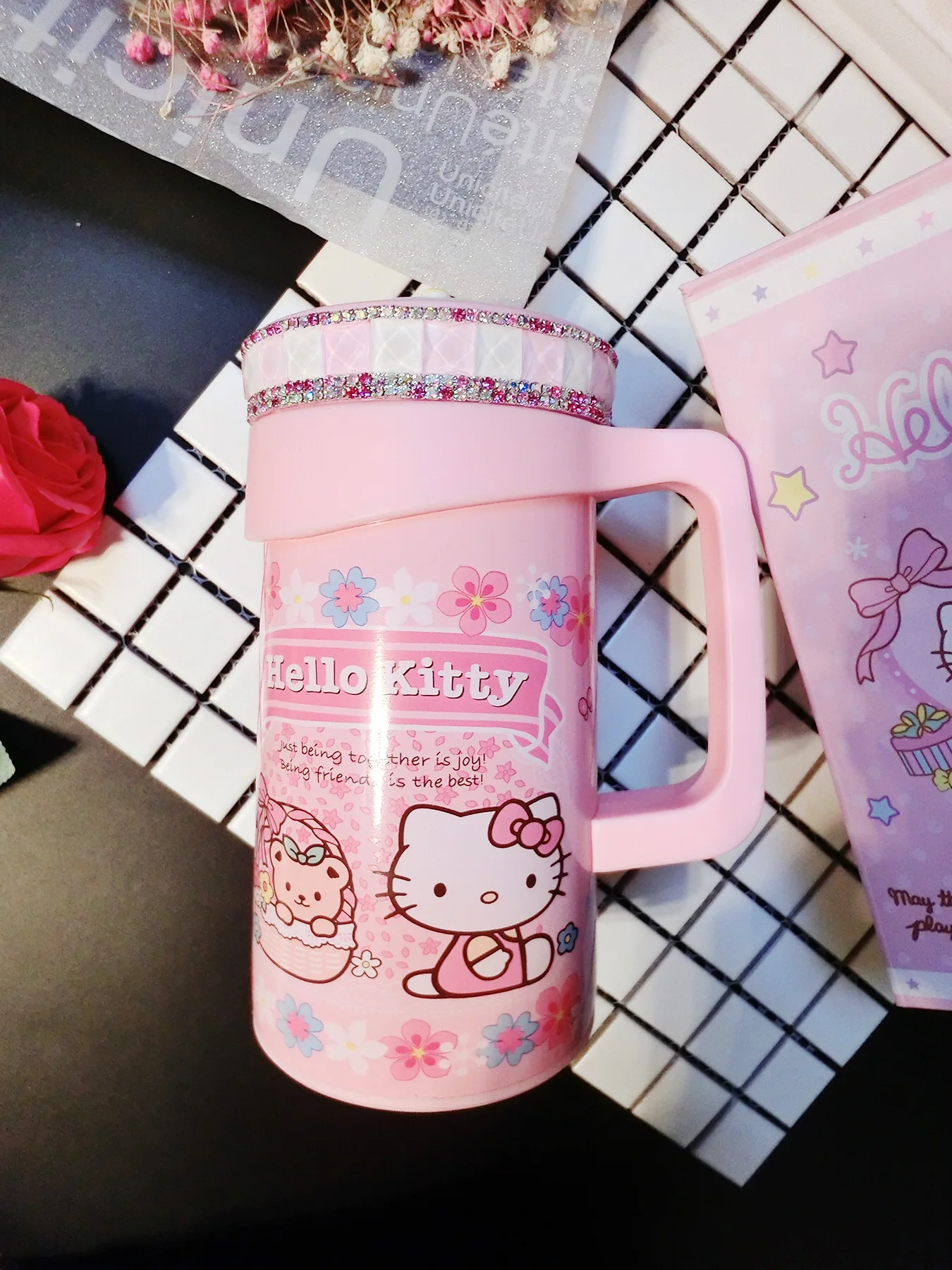 Hello kItty мультфильм нержавеющая сталь вакуумный портативный студентов детей Творческий алмаз инкрустированные воды дрель Изолированная кружка бутылка