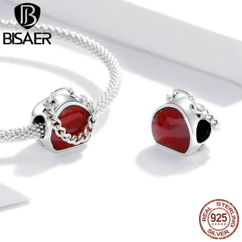 

BISAER New Red Handbag Charms 925 Sterling Silver Romantic Craftsmanship Charms Fit Bracelet DIY Jewelry Accessories