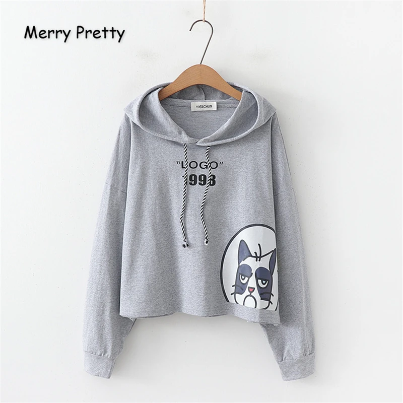 Merry Pretty женские короткие толстовки с мультяшным принтом Harajuku хлопковые толстовки с капюшоном зимние спортивные костюмы с длинным рукавом на шнурке