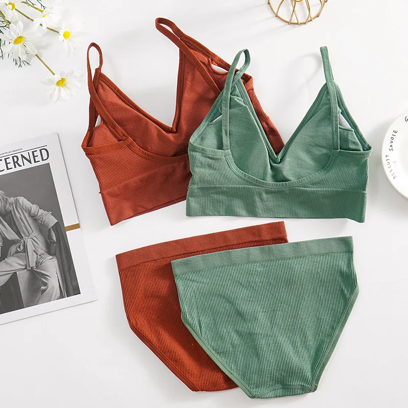 CHRLEISURE Solid Underwear Set Female U Type Backless Women's Set Wireless Sports Women's Bralette Underwear Suit bra and thong set